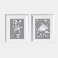 Dream big little one gray print, nursery print, baby's nursery room decor, kid's room, toddler's room, gray, grey clouds, set of 2 prints