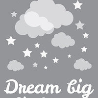 Dream big little one print, nursery print, baby's nursery room decor, kid's room, toddler's room, gray, grey clouds, set of 2 prints, stars