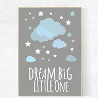 Dream big little one nursery wall art, baby boy nursery decor, blue and gray art, nursery decor, nursery prints, cloud nursery decor, gift