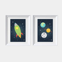 Space nursery decor, outer space, nursery wall art, baby boy nursery decor, set of 2, outer space decor print kids room, green rocket ship