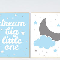 Baby boy nursery set, Moon and stars nursery, blue nursery decor, Dream Big Little One Art Print baby boy nursery blue gray nursery wall art