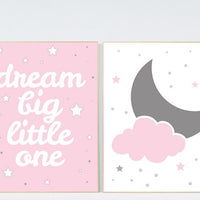 Moon and stars nursery, pink nursery decor, Dream Big Little One Art Print, nursery decor girl, star nursery decor, pink grey, nursery art