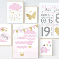 Nursery decor girl pink and gold, elephant nursery, butterfly, we love you to the moon and back, cloud nursery, pink and gold nursery decor