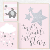 Twinkle twinkle little star nursery, pink gray nursery decor, baby girl nursery decor, hot air balloon nursery art, elephant nursery, silver
