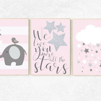 We love you more than all the stars, baby girl nursery wall art, pink gray nursery decor, baby girl, pink silver, elephant nursery baby gift