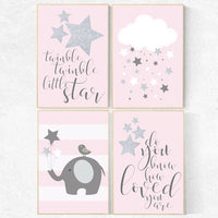 Nursery decor girl elephant, nursery wall art elephantPink and gray nursery, pink silver nursery, pink and grey, twinkle twinkle little star