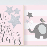 We love you more than all the stars, elephant nursery art, pink gray nursery decor, baby girl nursery decor, pink silver, kids room decor