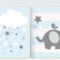 Elephant nursery, cloud nursery, baby boy nursery wall art, blue gray nursery decor, baby boy nursery decor, blue silver, kids room decor