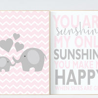 Girl nursery wall art, Girl nursery decor, You Are My Sunshine Nursery Art, pink nursery decor, girls Room, elephant nursery