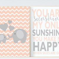 Coral nursery decor, You Are My Sunshine Nursery Art, nursery wall art girl elephant, blush nursery, coral nursery art, elephant nursery