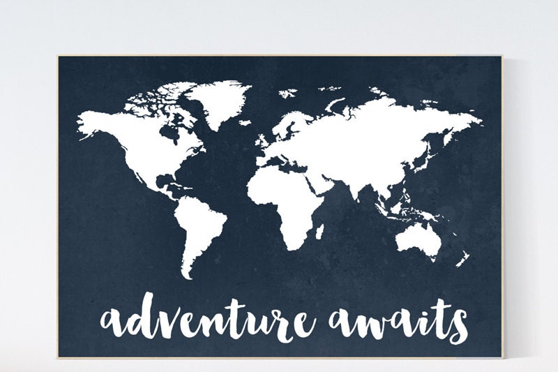 Navy World Map print, Adventure awaits Nursery print, Kid&