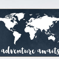 Navy World Map print, Adventure awaits Nursery print, Kid's Room Decor, Children's playroom, toddler navy baby wall art, world map gift