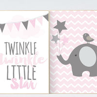 Nursery decor elephant, nursery decor girl pink, twinkle twinkle little star, pink and gray nursery, pink nursery art pink and grey wall art