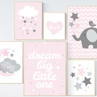 Baby girl nursery decor, dream big little one, Pink gray nursery, moon prints, elephant nursery, pink nursery set, baby shower moon and back