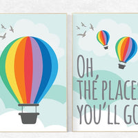 Oh the places you'll go, hot air balloon, set of 2 prints, playroom decor, nursery decor, nursery art, nursery print set, large nursery art