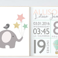 Birth stats wall art, pink mint gold nursery, pink and mint and gold baby shower, mint nursery decor, elephant nursery, baby birth stats
