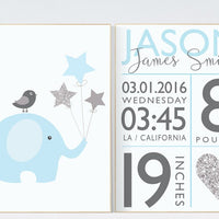 Baby boy nursery decor, Blue gray nursery, blue silver nursery set, Birth stats wall art, elephant nursery, baby boy nursery wall decor