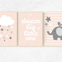 Nursery decor elephant, Coral nursery decor, dream Big little one, elephant nursery, coral nursery, blush pink nursery, nursery wall art