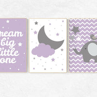 Nursery decor girl purple, nursery decor elephant, lilac, lavender nursery, purple nursery wall art, moon and stars nursery, elephant