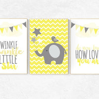 Yellow nursery decor, gender neutral nursery, elephant nursery, Nursery Wall Art, yellow gray, yellow grey, Twinkle Twinkle Little Star