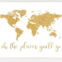 Oh the places you will go, world map, gold nursery print, baby girl nursery room decor, world map, glitter, oh the places you'll go, gold