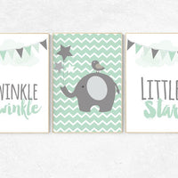 Twinkle Twinkle Little Star, Mint nursery decor, cloud nursery, elephant nursery, gender neutral, Baby Boy, Baby Girl, Nursery Wall Art,