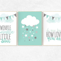 Mint nursery decor, Twinkle Twinkle Little Star, gender neutral baby, new baby gift, mint gray, baby room decor, kids room decor, playroom