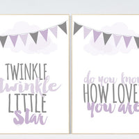 Twinkle Twinkle Little Star, Purple nursery decor, baby girl nursery wall art, new baby gift, purple gray nursery, Purple Grey Nursery