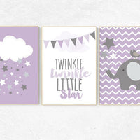 Elephant nursery, Twinkle Twinkle Little Star, Purple and gray nursery decor, baby girl nursery wall art, lavender nursery, lilac nursery