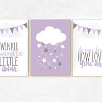 Twinkle Twinkle Little Star, Purple nursery decor, cloud nursery, baby girl nursery wall art, new baby gift, purple gray nursery Purple Grey