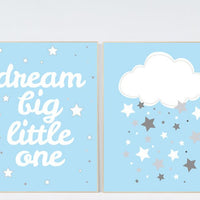 Blue nursery decor, Dream Big Little One Art Print, baby boy nursery, blue gray nursery decor, nursery wall art, clouds, nursery room boy
