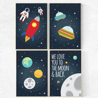 Space nursery decor, we love you to the moon and back, outer space nursery wall art, nursery set, kids room decor, nursery prints, baby boy