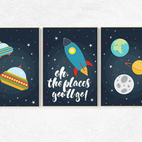 Oh the places you'll go, Space nursery decor, outer space nursery wall art, nursery set, space themed nursery kids room decor nursery prints