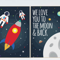 Outer space nursery wall art, we love you to the moon and back, navy space nursery decor, baby boy, moon print, playroom decor, kids room