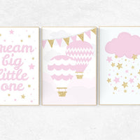 Pink gold nursery, dream big little one, pink and gold nursery, hot air balloon nursery, nursery decor girl pink, girls room decor pink gold