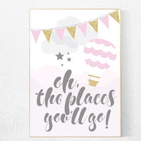 Oh the places you'll go nursery decor, pink gold nursery, hot air balloon nursery, nursery prints, pink gold baby shower baby gift