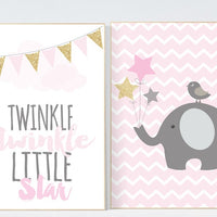 Twinkle Twinkle Little Star, Elephant nursery decor, pink gold nursery, Baby girl nursery decor, girls room wall art baby girl nursery girls
