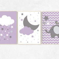 Nursery decor girl purple, cloud, moon and stars, purple nursery wall art, elephant nursery, girl nursery ideas, purple prints for nursery