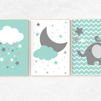 Mint nursery decor, Elephant Nursery Art, mint green nursery wall art, gender neutral, baby room wall art, teal, aqua, cloud and stars