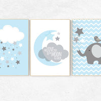 We love you to the moon and back, nursery decor, blue nursery decor, moon nursery, elephant nursery, nursery wall art, baby room decor, gift