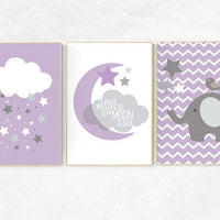 Nursery decor girl purple, nursery decor girl elephant, We love you to the moon and back, purple nursery decor, lilac nursery, lavender