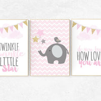 Nursery decor girl elephant, Twinkle twinkle little star, pink gold nursery, elephant nursery, pink and gold baby shower, nursery ideas