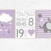 Nursery decor girl purple, baby birth stats, Purple nursery decor, baby girl nursery wall art, nursery decor elephant, lilac, lavender