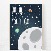 Oh the places you'll go, outer space nursery wall art, navy space nursery decor, baby boy, moon print, playroom decor, kids room, space art
