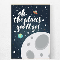 Oh the places you'll go, outer space nursery wall art, navy space nursery decor, baby boy, moon print, playroom decor, kids room, space art