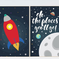 Oh the places you'll go, outer space nursery wall art, navy space nursery decor, baby boy, moon print, playroom decor, kids room, space art