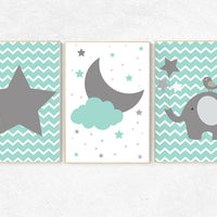 Mint nursery decor, elephant nursery, nursery decor elephant, cloud and stars, nursery decor boys teal, gender neutral nursery, mint gray