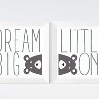 Dream Big Little One Kid's room Print, cute bear, nursery room, toddler room, nursery cute animals, square poster gray nursery, kids room