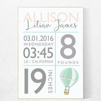 Nursery decor girl name, birth stat nursery wall art, hot air ballooon, mint pink gold, nursery wall art, baby girl gift, new baby gift
