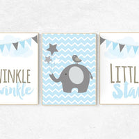 Baby room art chevron elephant, nursery wall art elephant, nursery decor boy elephant, twinkle twinkle little star, blue nursery prints